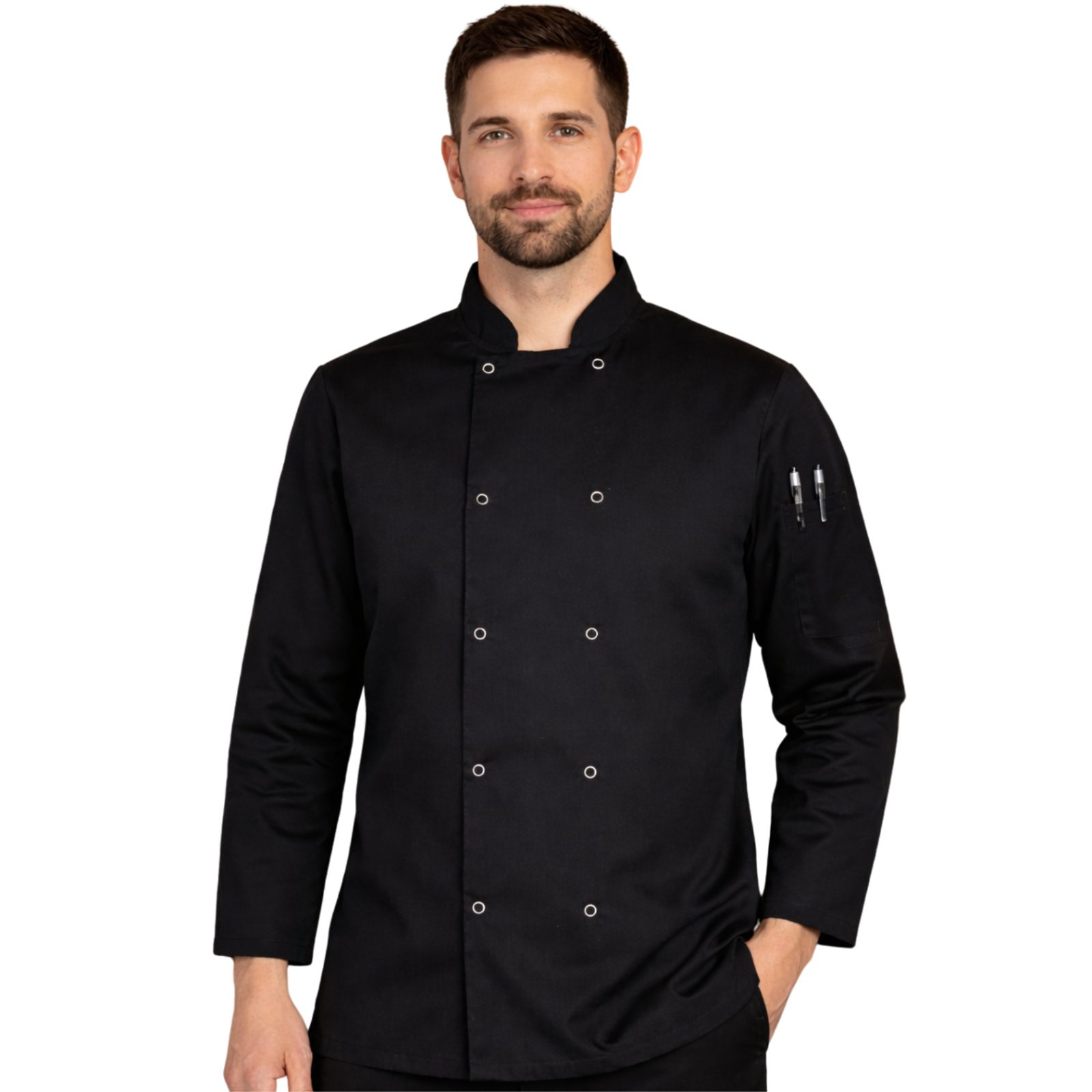 frnhz-unisex-workwear-chef-jacket-black-long-sleeve-man-hand-in-pocket frnhz-unisex-workwear-chef-jacket-black-long-sleeve-man-hand-in-pocket