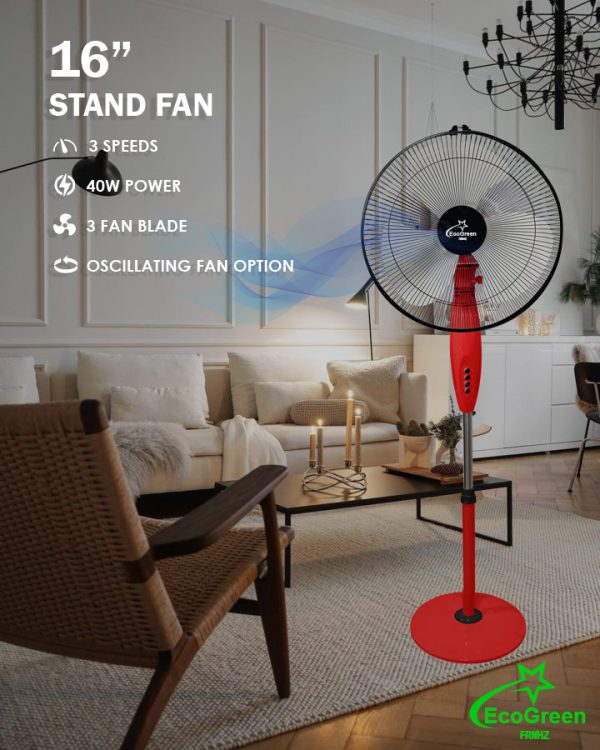 Floor Standing Pedestal smart Fan 16 Inch 3 blades 3 Speed Red Eco Air Cooling