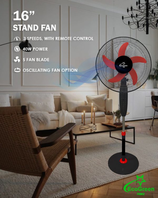 Floor Standing Pedestal Fan 16 Inch Black 5 blades Red Air Cooling with remote control