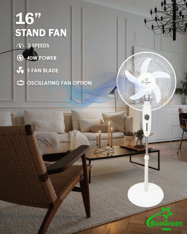 Floor Standing Pedestal smart Fan 16 Inch 5 blades 3 Speed White Eco Air Cooling